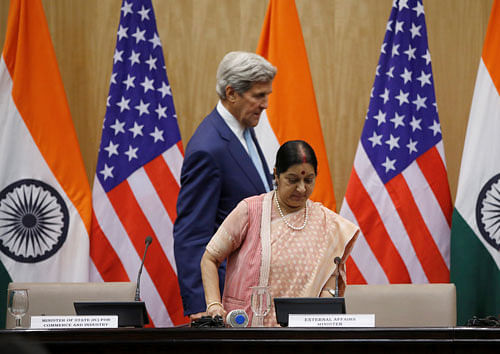 U.S. Secretary of State Kerry and India's External Affairs Minister Swaraj arrive for their joint news conference in New Delhi. Reuters Photo