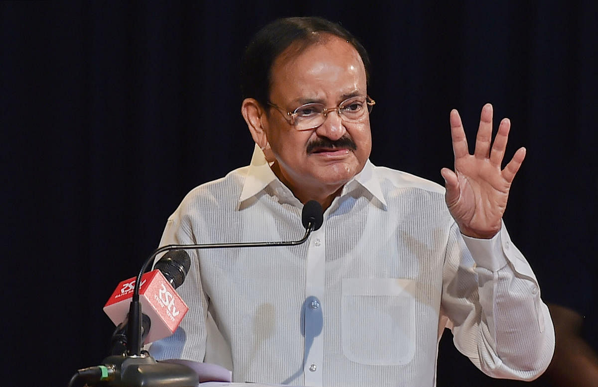 Vice President M Venkaiah Naidu addresses after unveiling the portrait of late former prime minister Atal Behari Vajpayee on his first death anniversary at Indian Council for Cultural Relations (ICCR), in Kolkata on Friday. PTI photo