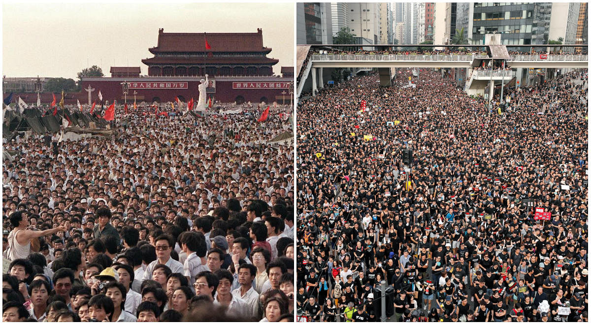People gathered at Tiananmen Square during a pro-democracy protest in Beijing on June 2, 1989. Chinese soldiers and tanks chased and killed demonstrators and onlookers in the streets leading to the square on June 4, 1989 (left) and Protesters attending a   a demonstration demanding Hong Kong's leaders to step down and withdraw the extradition bill, in Hong Kong, China, June 16, 2019 (right) Photos/AFP and Reuters