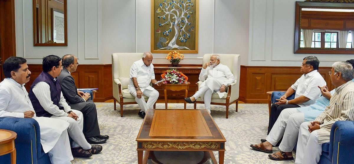 Prime Minister Narendra Modi during a meeting with Karnataka Chief Minister BS Yediyurappa, in New Delhi, Friday, Aug 16, 2019. (PIB/PTI Photo)