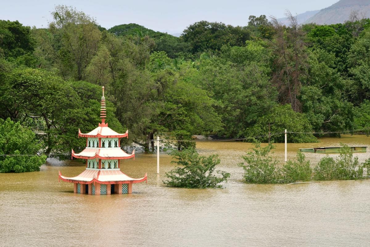 Pampavana in Munirabad is submerged in the flooding waters of Tungabhadra river.