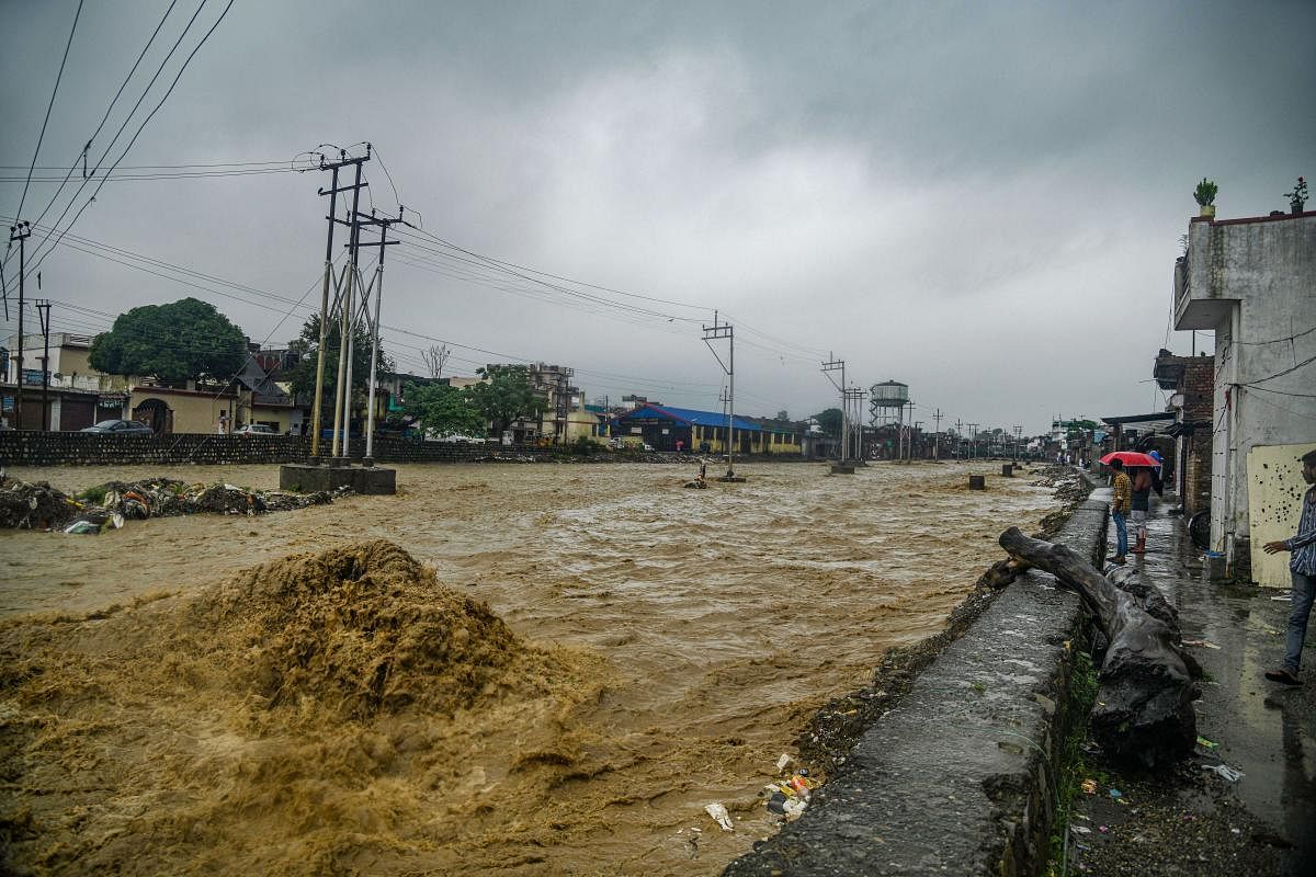 A view of an overflowing Rispana River following heavy rains in Dehradun. (PTI file photo)