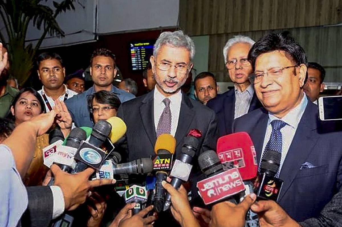 External Affairs Minister S Jaishankar speaks to media personnel on his arrival in Dhaka. (PTI file photo)