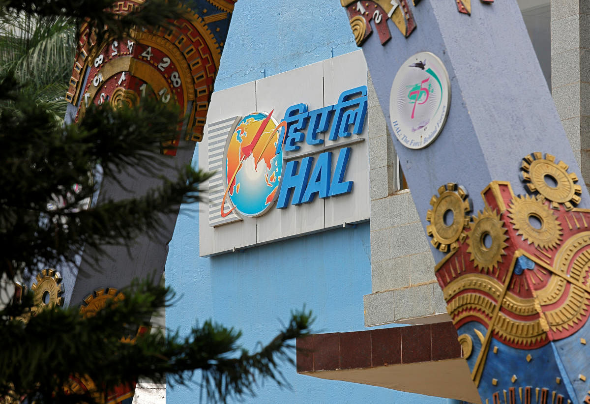 The logo of Hindustan Aeronautics Limited is seen on the facade of the company's heritage centre in Bengaluru. (Photo by Reuters)