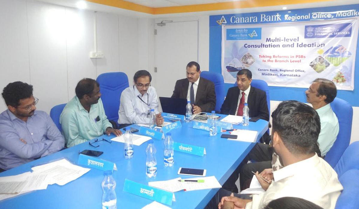 Canara Bank Regional Office Mangaluru Circle DGM Bala Mukunda Sharma conducts a meeting at the bank's regional office in Madikeri recently.
