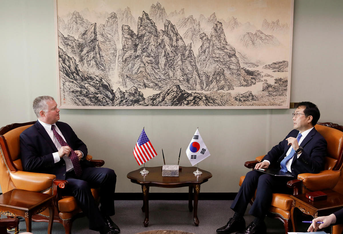 U.S. special envoy for North Korea Stephen Biegun talks with his South Korean counterpart Lee Do-hoon during their meeting at the Foreign Ministry in Seoul, South Korea. (Reuters Photo)