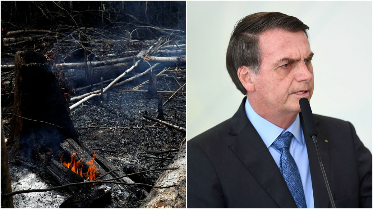 A tract of Amazon jungle burns as it is being cleared by loggers and farmers in Novo Airao, Amazonas state, Brazil August 21, 2019 (left), Brazilian President Jair Bolsonaro (right) Photo/REUTERS/AFP 