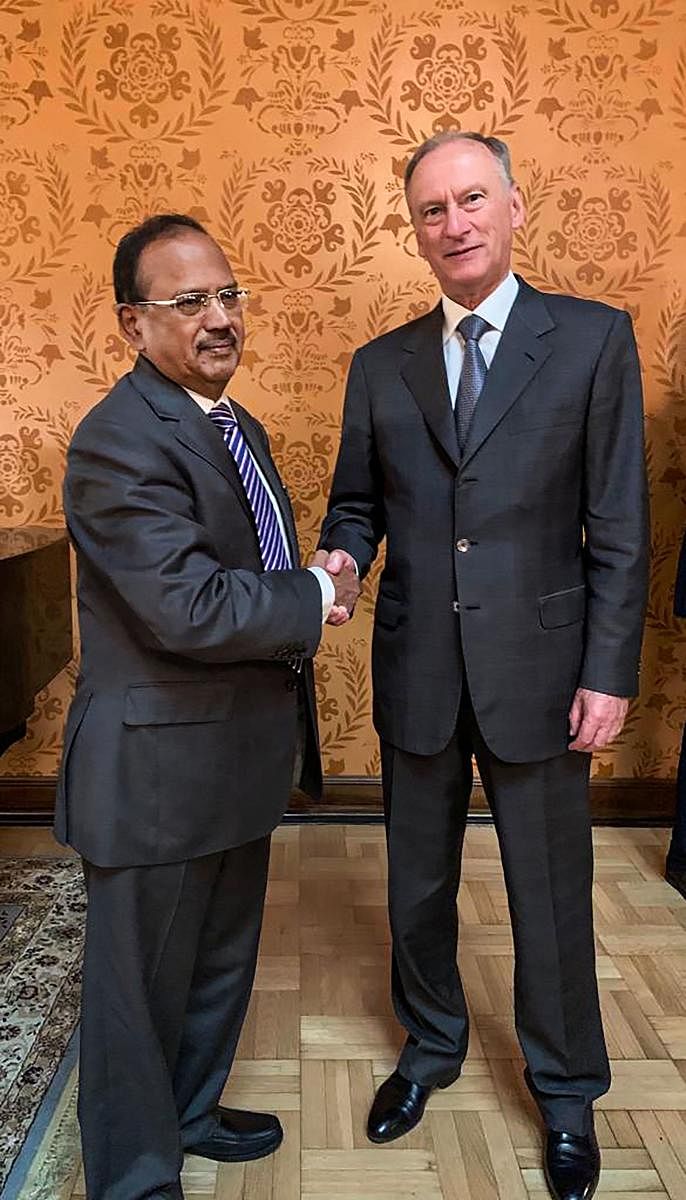 National Security Advisor Ajit Doval shakes hands with Nikolai Patrushev, Secretary of the Russian National Security Council during a meeting ahead of PM Narendra Modi's visit to Vladivostok for the Eastern Economic Forum in early September, in Moscow. (P