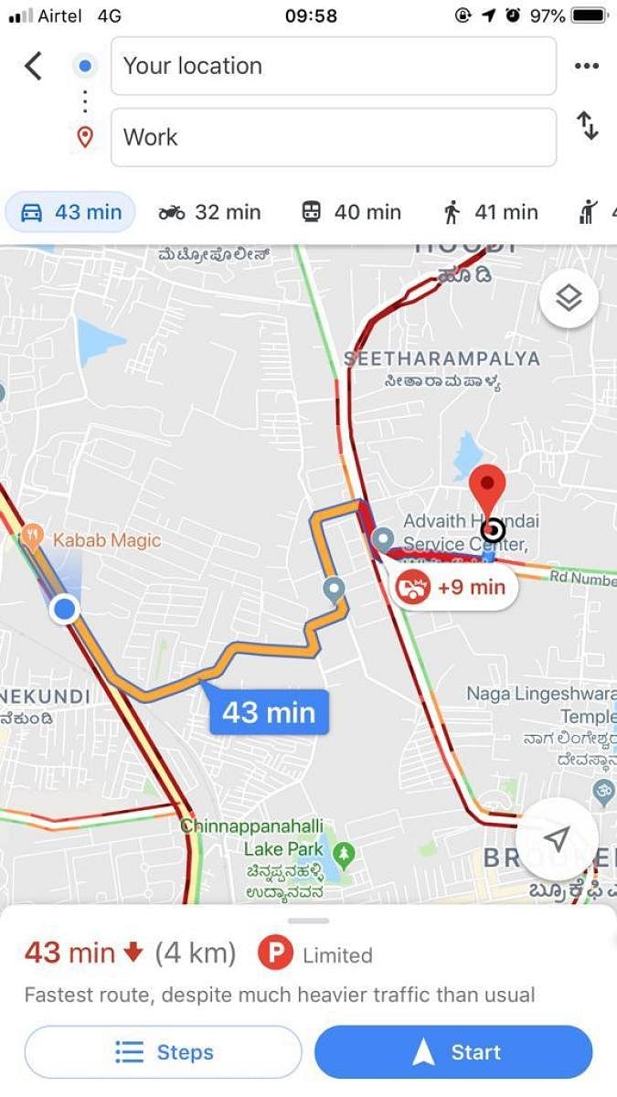 A Google Map shows traffic snarls around Kundanahalli as the road caved in.