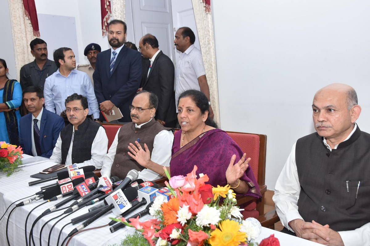 Union Finance Minister Nirmala Sitaraman speaks to media persons in Mysuru on Thursday.