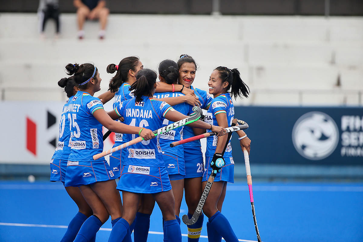 Indian players celebrate after scoring a goal during the women's hockey match between India and Japan at the Olympic Test Event in Tokyo. (PTI Photo)