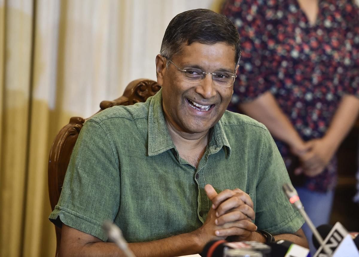 CEA Arvind Subramanian addresses a press conference in New Delhi on Wednesday. PTI
