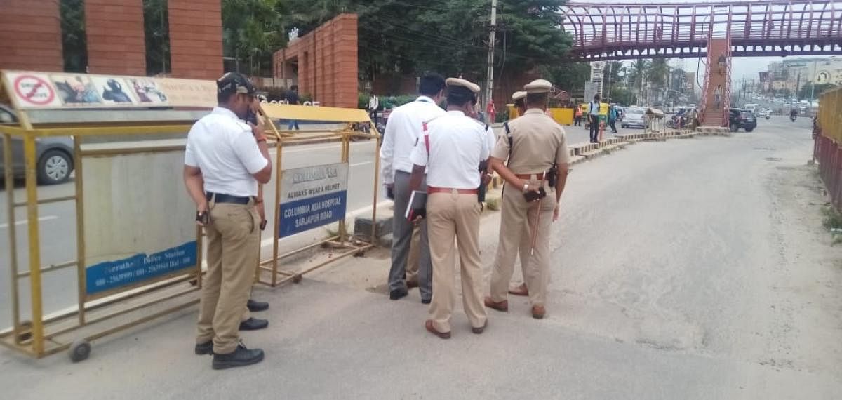 The HAL traffic police inspect RMZ Ecoworld area on Thursday. Special Arrangement