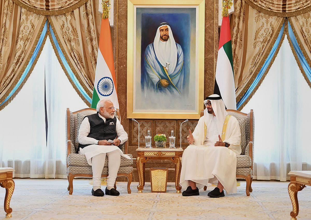 Prime Minister Narendra Modi with Crown Prince of the Emirate of Abu Dhabi and Deputy Supreme Commander of the United Arab Emirates Armed Forces Sheikh Mohammed bin Zayed Al Nahyan during a meeting, in Abu Dhabi, Saturday. PTI photo