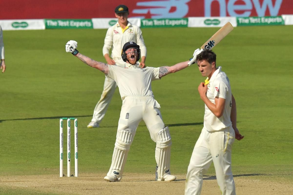 Ben Stokes celebrates hitting the winning runs on the fourth day of the third Ashes cricket Test match between England and Australia at Headingley in Leeds. (AFP Photo)