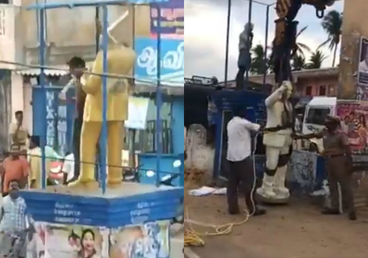 The statue being vandalised (Left) Officials moved swiftly to replace the damaged statue of Ambedkar in Vedaranyam in Nagapattinam district with a new one on Monday (Right) Photo/Twitter screengrab.