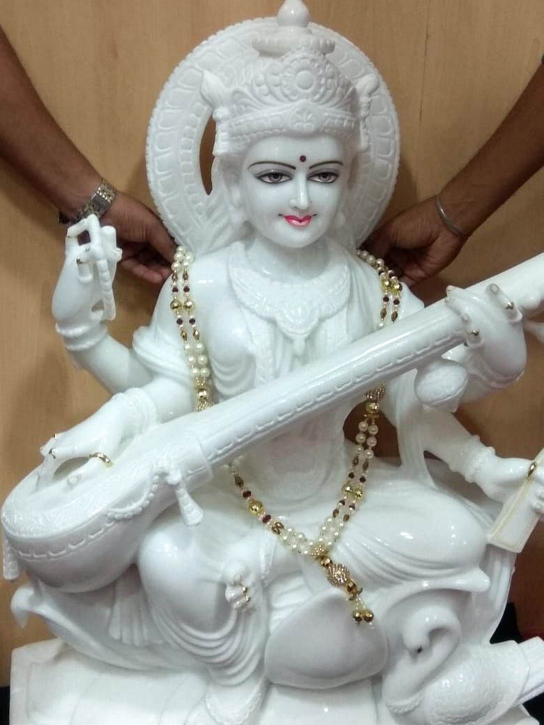 The saraswathi idol made of vietnam marble worth Rs 2.5 lakh that was supposed to be installed in the Administration block of the Bangalore University campus (DH File Photo)