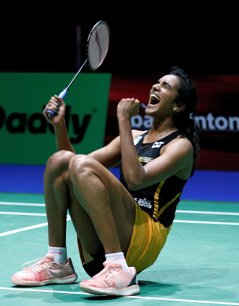 India's Pusarla V. Sindhu celebrates winning her quarter-final women's singles match against Chinese Taipei's Tai Tzu Ying REUTERS/Vincent Kessler