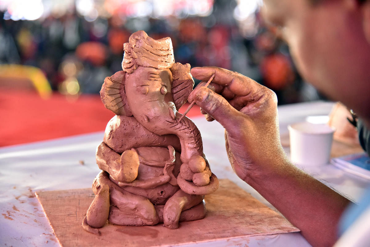 A clay Ganesha idol made at the event. (DH Photo/Janardhan B K)