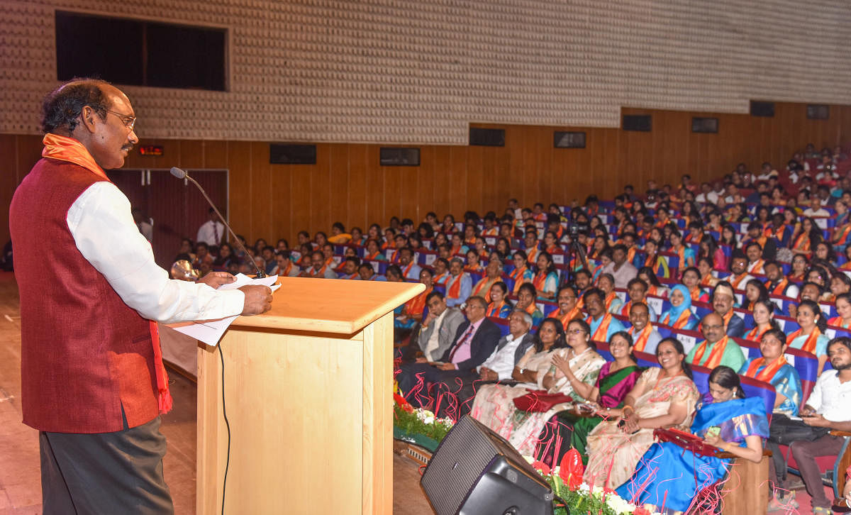 Indian Space Research Organisation (Isro) chairperson K Sivan speaks at ninth convocation of Jain University (Deemed-to-be University) in Bengaluru on Monday. DH Photo