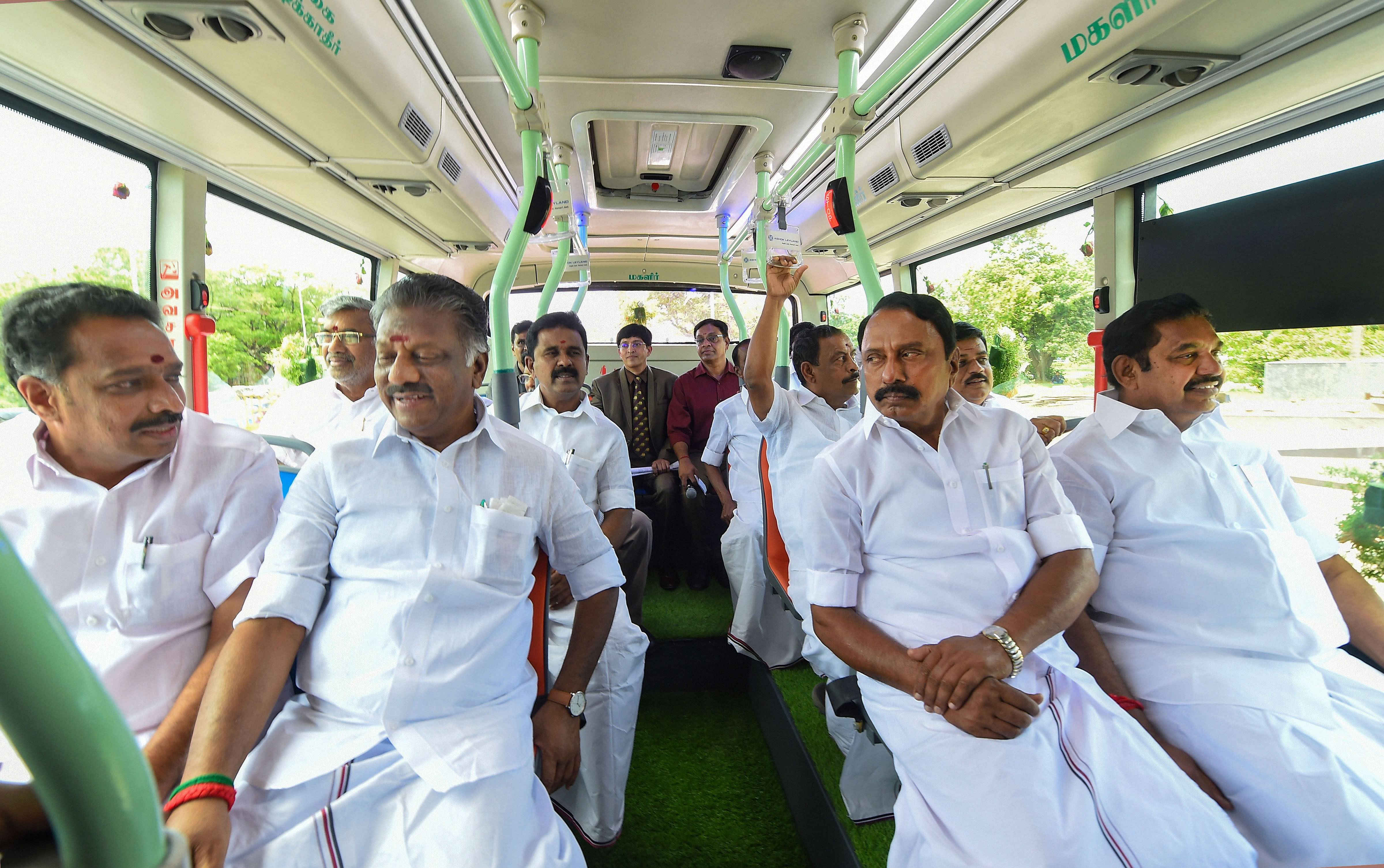 Tamil Nadu Chief Minister Edappadi K Palaniswami sits in an electric bus for the MTC on a trial basis, at Fort St. George in Chennai. (PTI Photo)