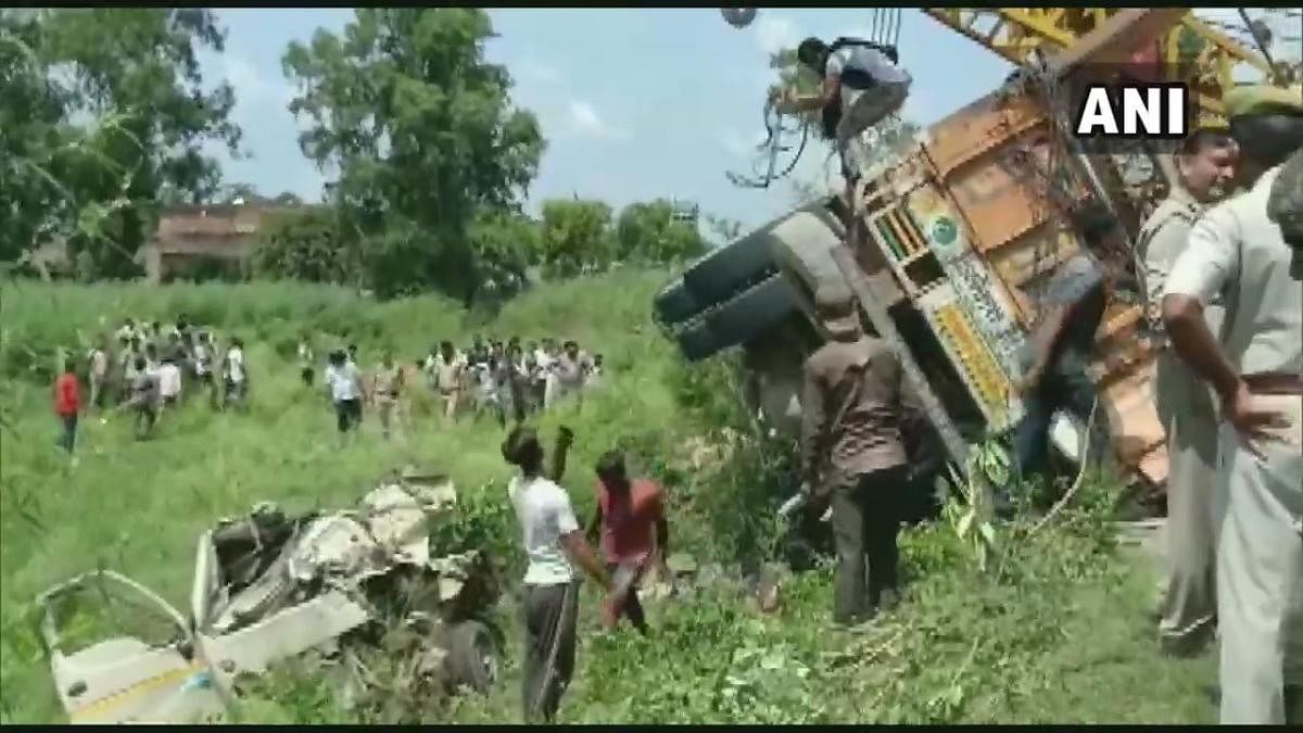 The accident took place on Jamka crossing when a speeding truck hit a tempo and another van and then overturned, SP (City) Dinesh Tripathi said. Photo/ANI