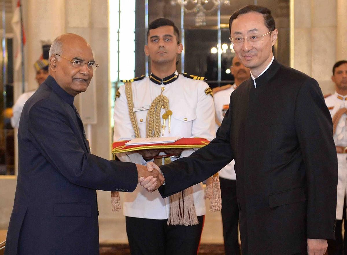 Ambassador-designate of China Sun Weidong presents his credentials to President Ram Nath Kovind, at Rashtrapati Bhavan in New Delhi on Wednesday. PTI photo