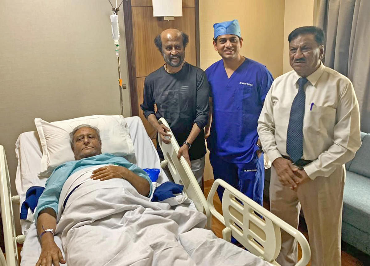 Super Star Rajinikanth visits his brother at Apollo Hospitals Sheshadripuram. Sathyanarayana Rao Gaikwad, 77 years of age, brother of actor Rajinikanth was presented with severe osteoarthritis in the knee. He underwent a bilateral knee replacement surgery