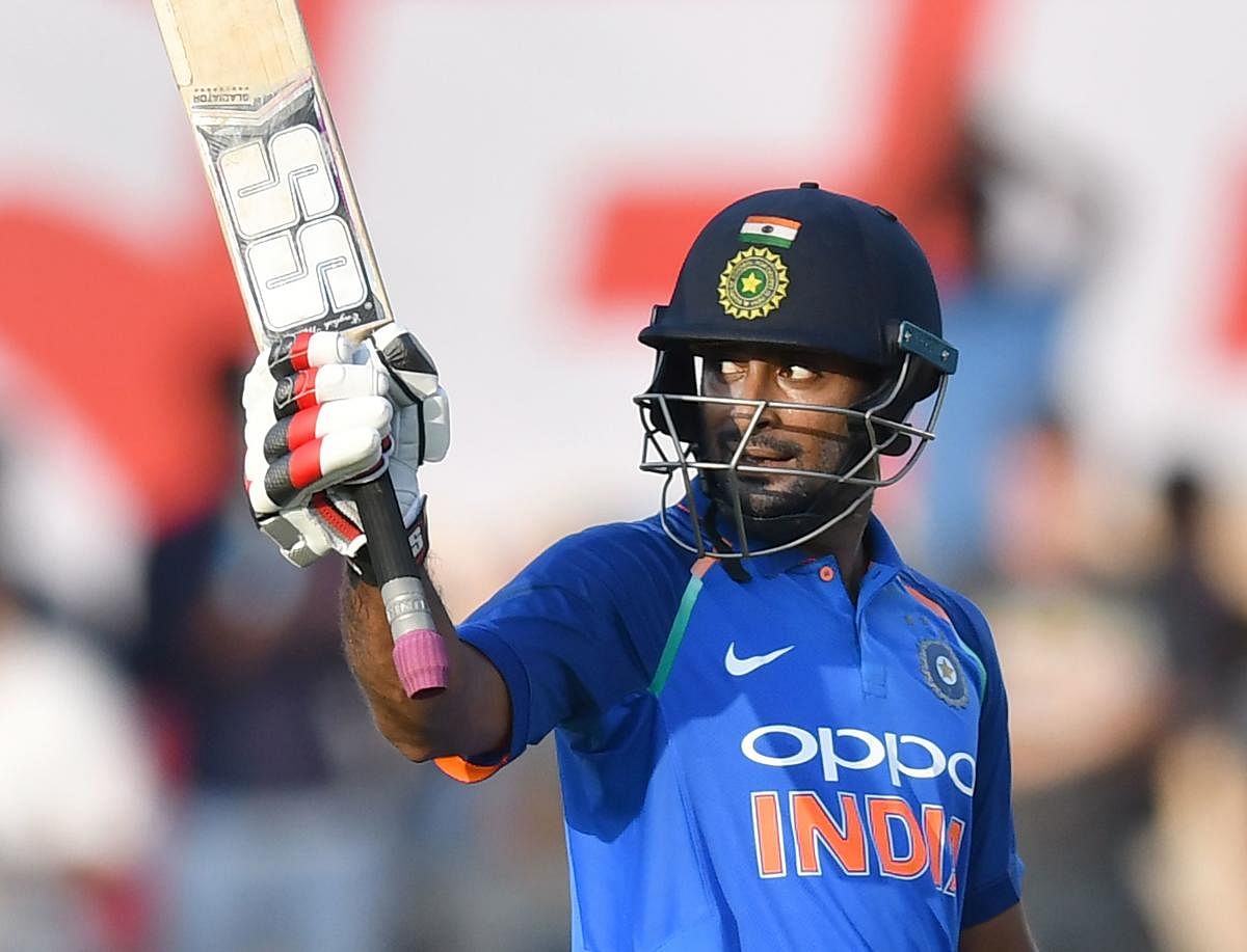 Ambati Rayudu celebrates after scoring a century during the fourth ODI match between India and West Indies at the Brabourne Stadium in Mumbai on October 29, 2018. Photo/AFP 