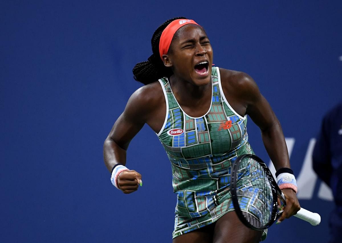 Cori Gauff of the United States celebrates victory during her Women's Singles second round match against Timea Babos of Hungary on day four of the 2019 US Open. Getty Images/AFP