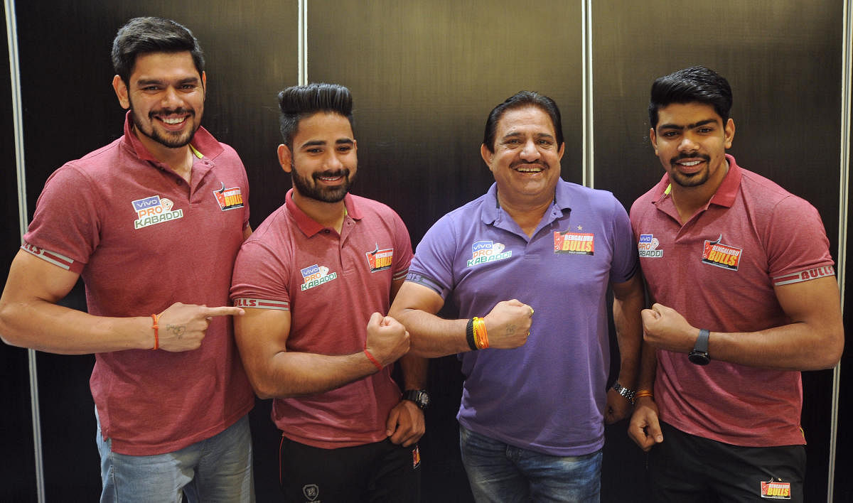 (From left) Bengaluru Bulls’ captain Rohit Kumar, Mahender Singh, coach Randhir Singh and Pawan Kumar Sehrawat at a press conference in Bengaluru on Friday. DH Photo