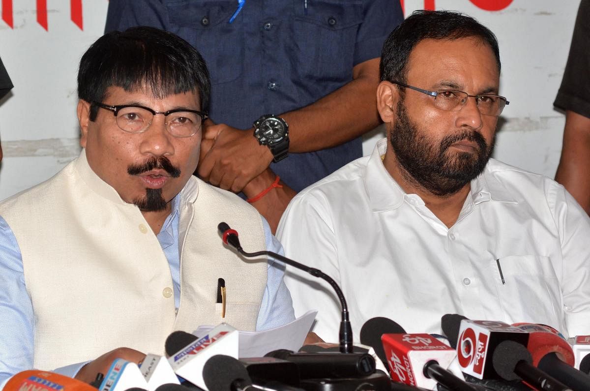 AGP President Atul Bora addresses the media regarding the final draft of NRC that was released today, in Guwahati, Saturday, Aug 31, 2019. (PTI Photo) 