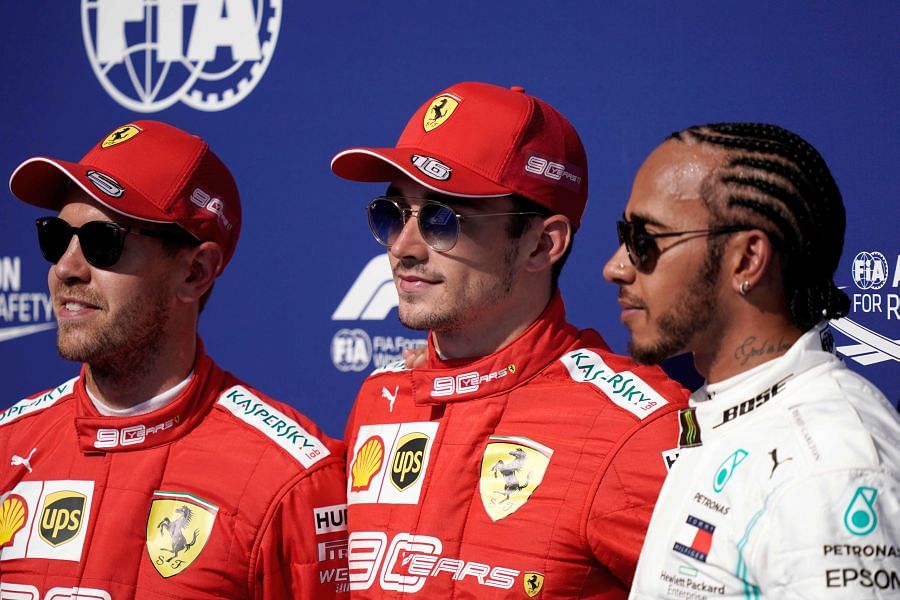 It was a Ferrari lockout on the front row for the Belgian Grand Prix as Charles Leclerc (centre) and Sebastian Vettel (left) got the top two spots. Mercedes driver Lewis Hamilton was third. Picture credit: AFP