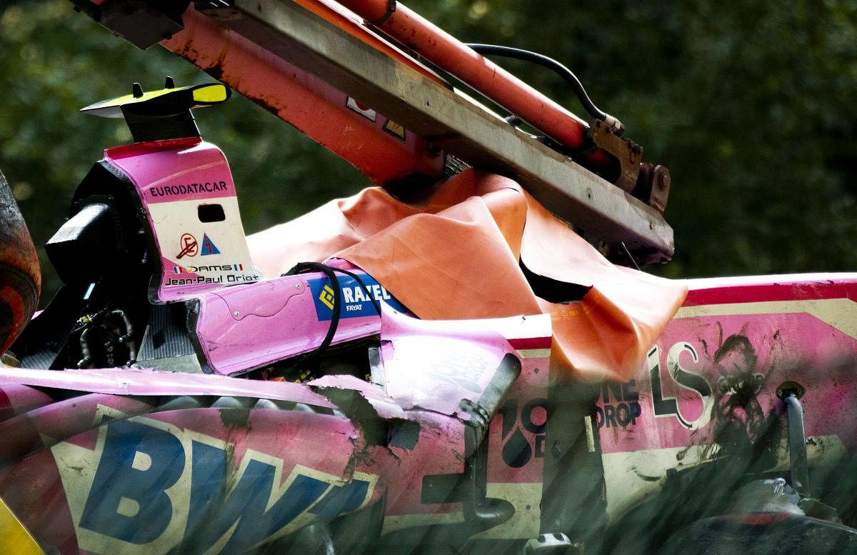 A picture taken on August 31, 2019 shows the damaged car of BWT Arden's French driver Anthoine Hubert following a serious accident involving several drivers during a Formula 2 race at the Spa-Francorchamps circuit in Spa, Belgium. (AFP Photo)