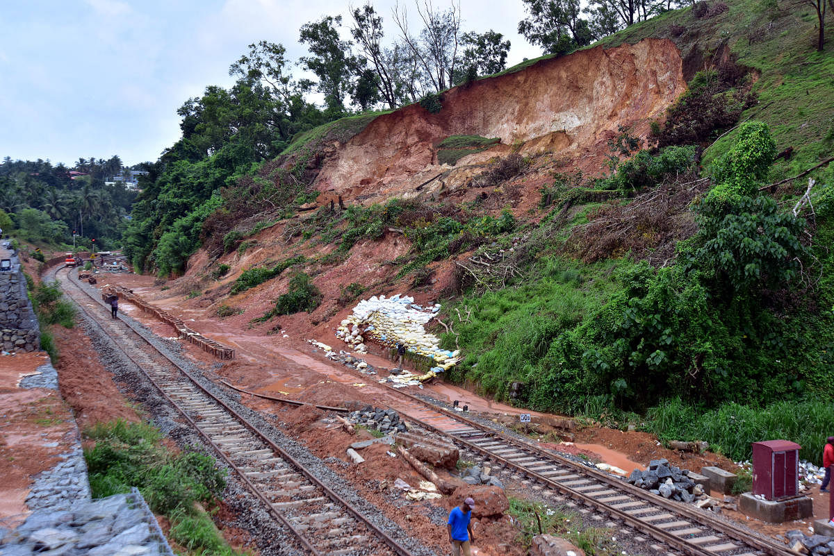 A parallel track has been laid on the landslide-affected Padil-Kulshekhar stretch in Mangaluru on Saturday.