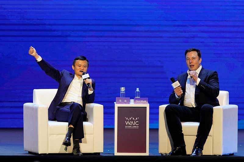 Tesla Inc CEO Elon Musk and Alibaba Group Holding Ltd Executive Chairman Jack Ma attend the World Artificial Intelligence Conference (WAIC) in Shanghai, China. (Reuters File Photo)