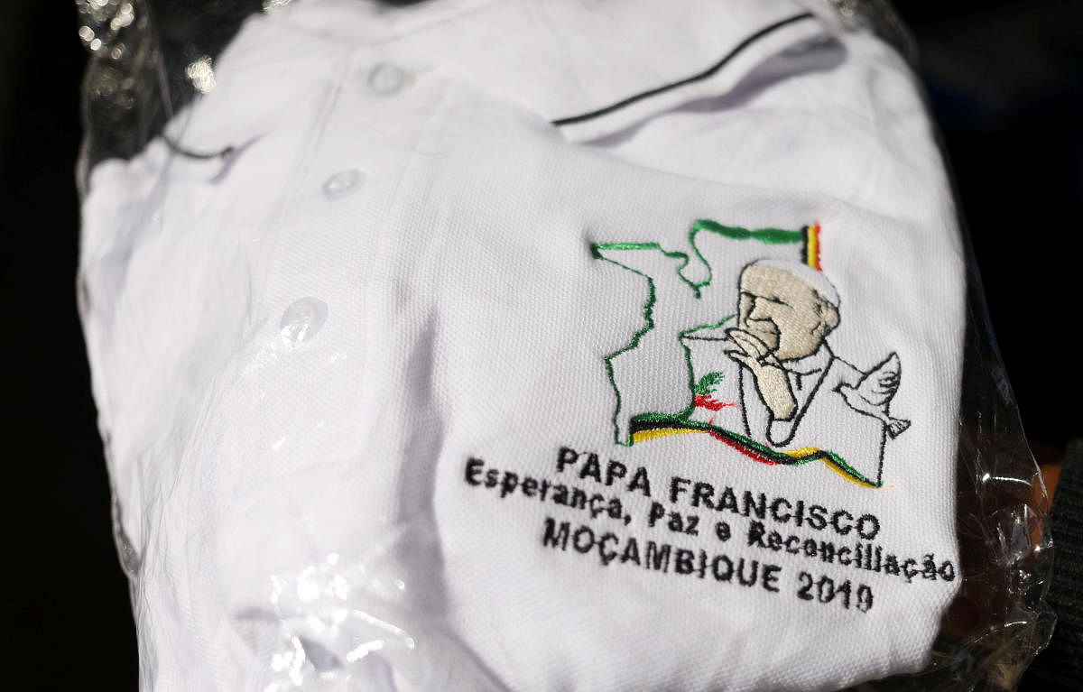 A t-shirt with embroidered image of Pope Francis is pictured at a store in Maputo, Mozambique. (Reuters Photo)