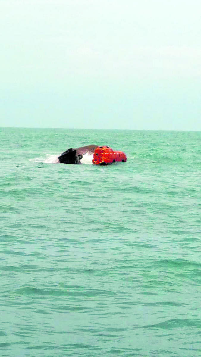 The abandoned dredger Tridevi Prem sinking off New Mangalore Port on Tuesday.