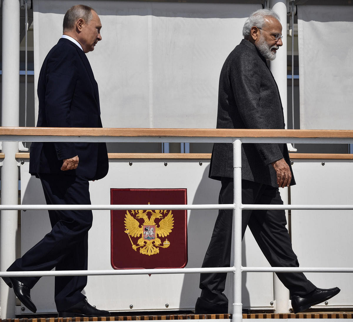 Russian President Vladimir Putin and Indian Prime Minister Narendra Modi visit shipyard Zvezda outside the far-eastern Russian port of Vladivostok on Wednesday, where Eastern Economic Forum hosted by Russia. AP/PTI