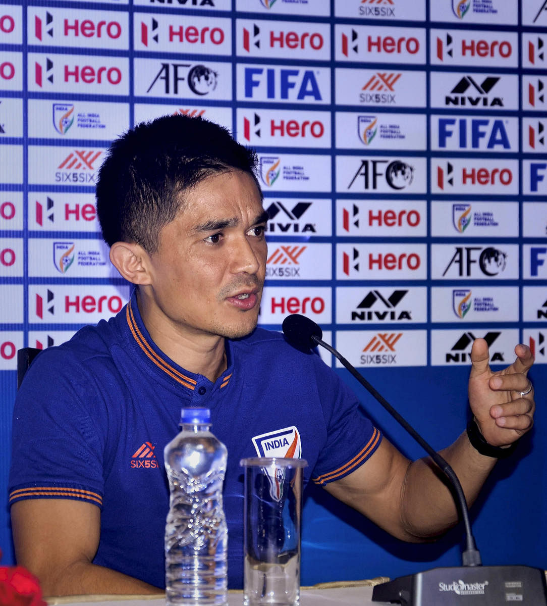 Captain of Indian football team Sunil Chhetri addresses a press conference ahead of their '2022 FIFA World Cup' qualifiers match against Oman, at Indira Gandhi Athletics Stadium, in Guwahati. PTI file photo