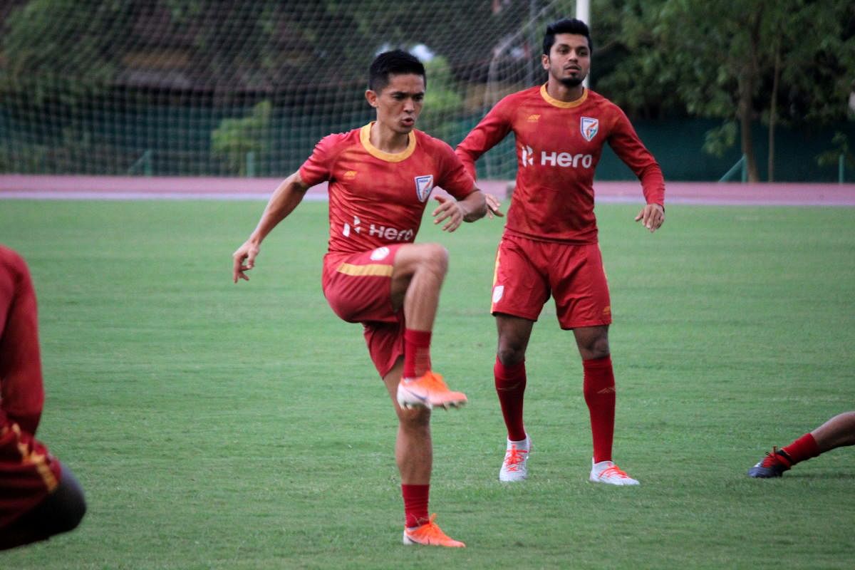 India's ace striker Sunil Chhetri goes through the paces during a training session ahead of their game against Oman in Guwahati. AIFF MEDIA 