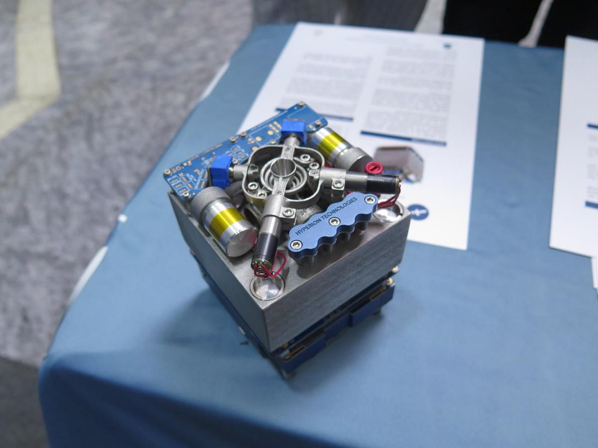 A nano-satellite propulsion unit manufactured by Dutch company Hyperion on display at the 7th ITCA conference in Bengaluru on Wednesday. The company signed an MoU with ITCA to provide mentorship and technology to the 75-satellite programme.