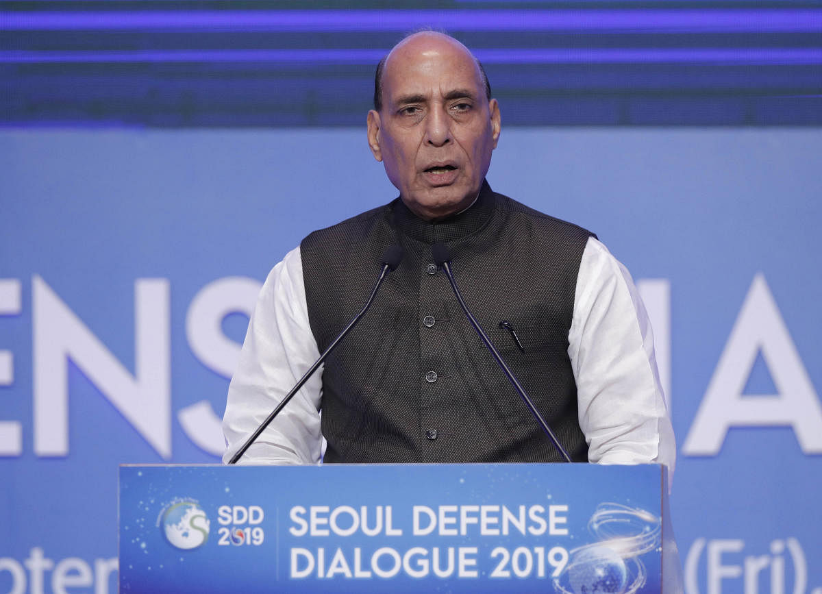 Rajnath Singh delivers a speech during the opening ceremony of the Seoul Defense Dialogue 2019 in Seoul, South Korea. AP/PTI