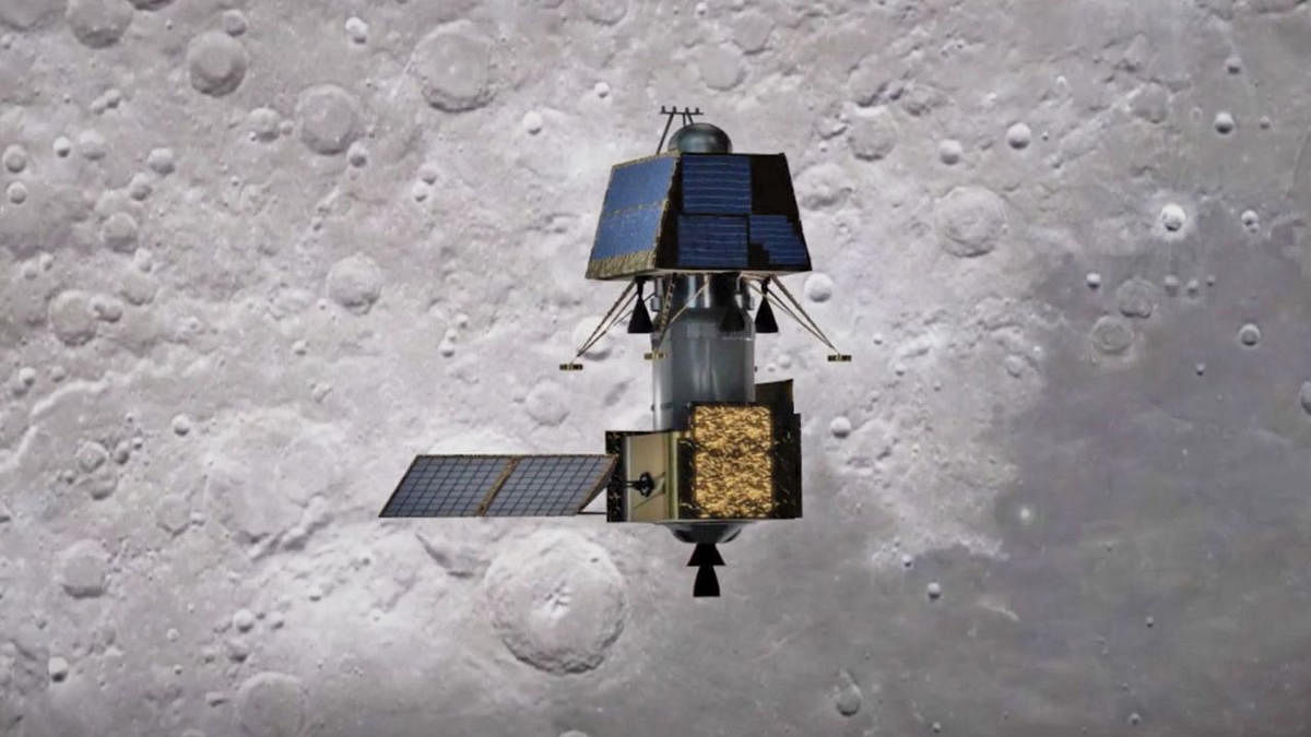 An artist's impression of the Chandrayaan-2's Orbiter-Lander-Rover composite orbiting over the lunar surface. Image: ISRO