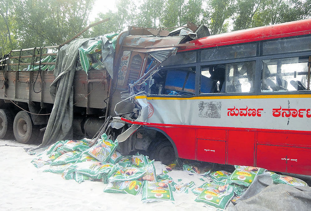 The bus, headed for Budameru from Gannavaram, damaged many vehicles before it hit a truck and came to a halt. Representational Image. DH File photo.