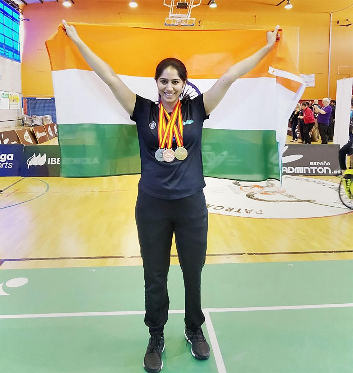 Para-badminton player Manasi Joshi poses for pictures after winning her first World Championships in the women’s singles SL3 finals at Basel 2019 Championships. PTI Photo