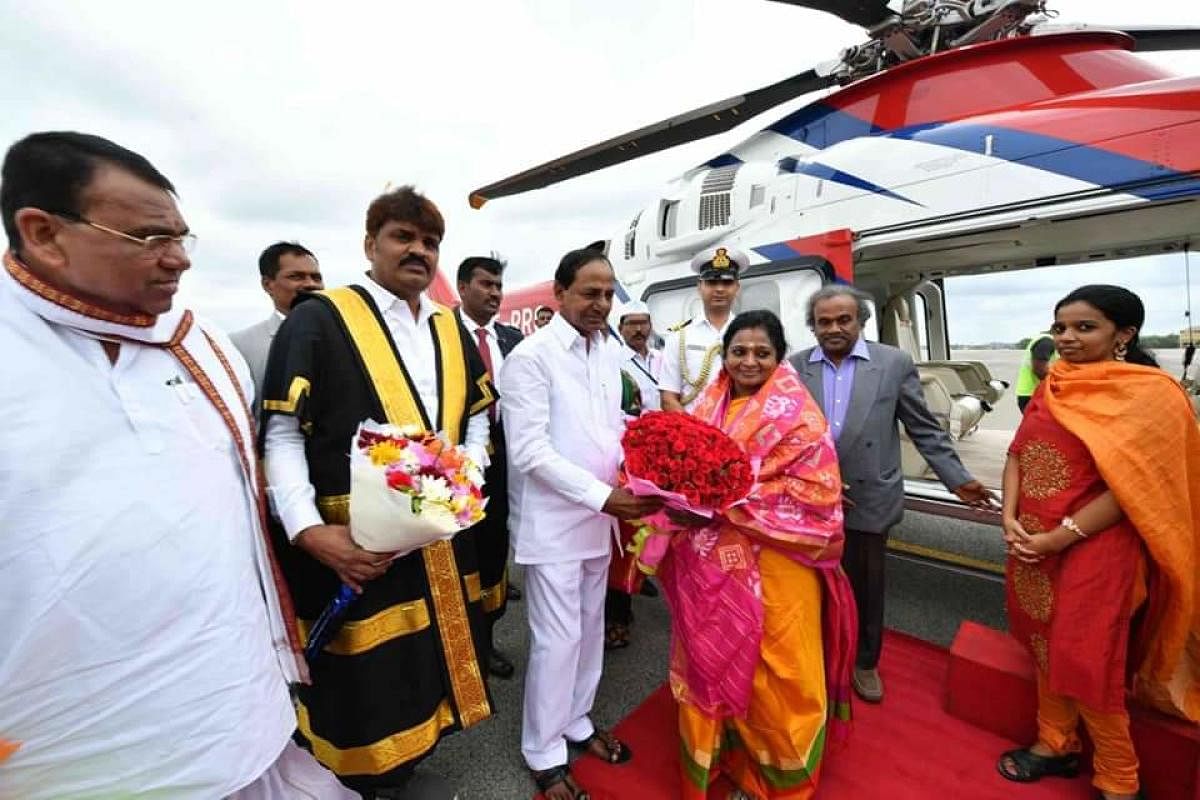Telangana Governor Designee Dr Tamilisai Soundararajan received at Begumpet airport by Chief Minister K Chandrasekhar Rao on Sunday.