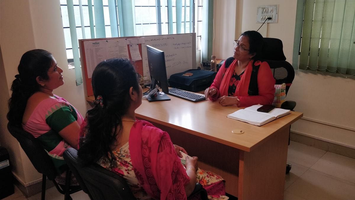 Bharati Singh (in red and black) during a counselling session at Sa-Mudra Foundation.