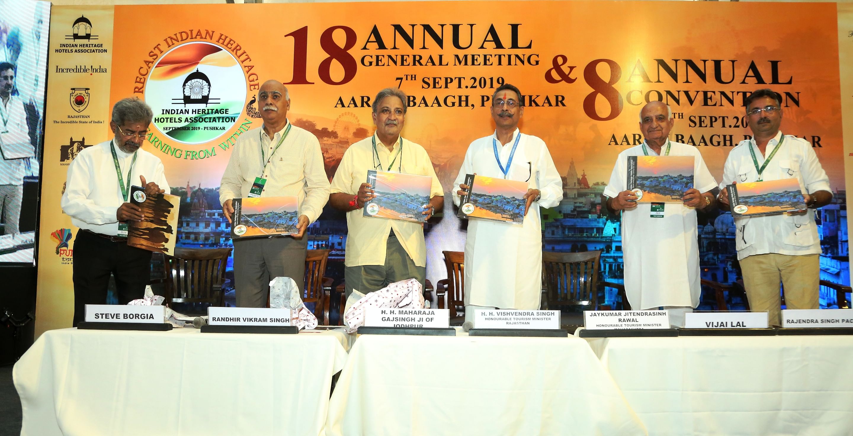 Release of the 5th edition of Coffee Table book of the IHHA at the 8th Annual Convention of the Indian Heritage Hotels Association (IHHA) held at Hotel Aaram Baagh in Pushkar today. DH Photo