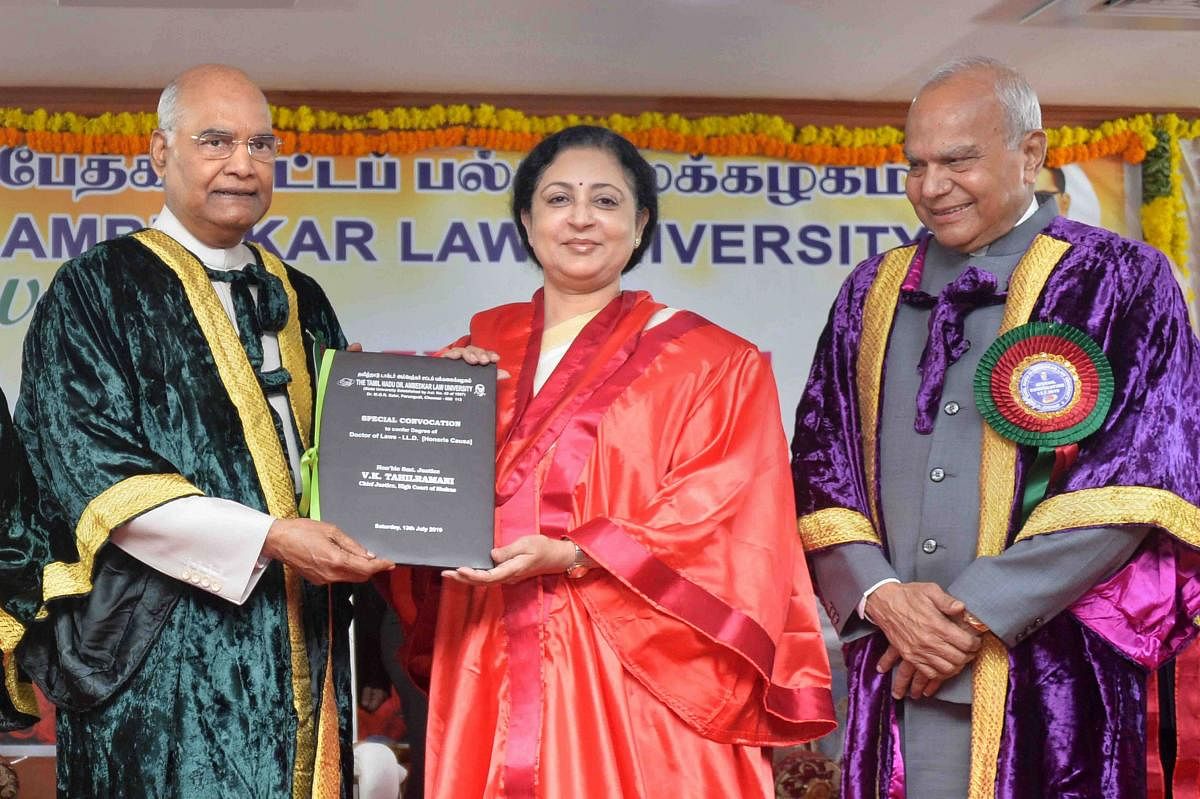 President Ram Nath Kovind presents the LL.D. (Honoris Causa) to Justice VK Tahilramani at a special convocation ceremony at Tamil Nadu Dr. Ambedkar Law University, in Chennai, Saturday. PTI